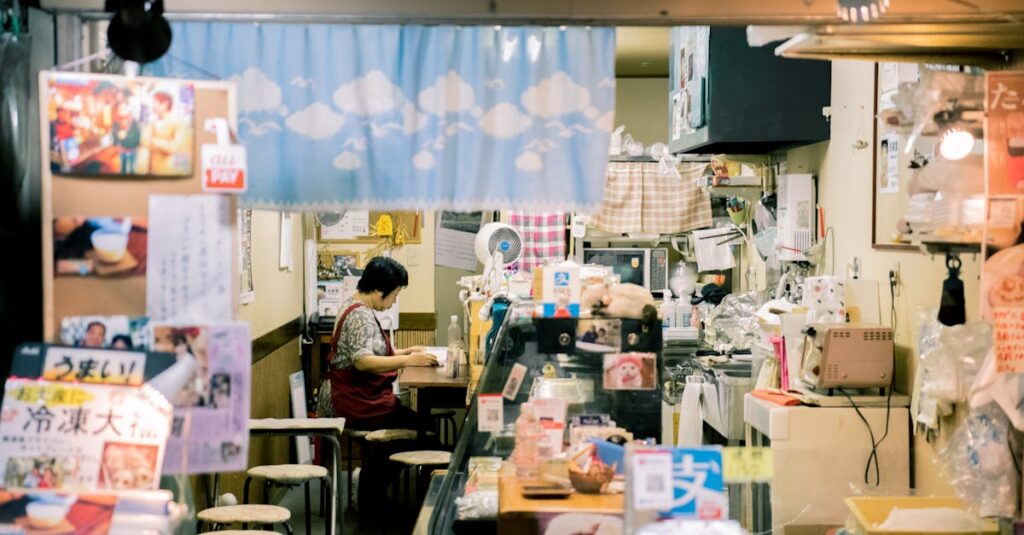 Warm interior of a cozy small shop in Osaka, featuring an Asian woman working, surrounded by local goods and decor.